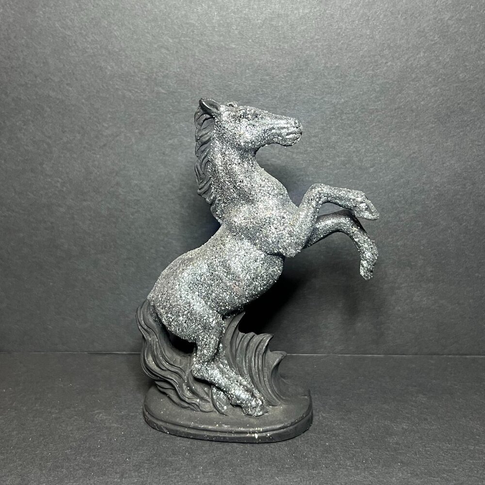 Decorative Black & Silver Shiny Glitter Resin Standing Horse Figurine 4.25"